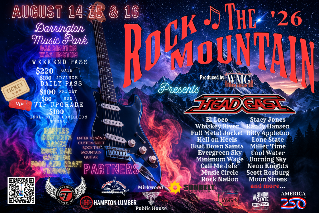 Poster advertising a rock concert, with a blue guitar, neon text, and festival details (August 14–16 at Darrington Music Park).