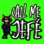 Black cat wearing orange sunglasses and a purple jacket, arms crossed, next to bold white text saying 'Call Me Jeffe' on a bright green background.