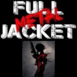 Poster-style graphic: bold white 'FULL METAL JACKET' with red 'METAL' overlay and a silhouetted woman aiming a rifle beneath.