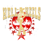 Logo for Hell on Wheels featuring a tan cowboy silhouette standing on red stars with flames in the background and the bold 'HELL ON WHEELS' text above.