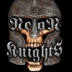 Logo showing a skull in a medieval helmet with the words 'New Knights' in Gothic font on a black background.