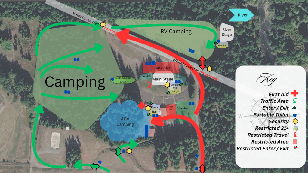 Overhead map of an RV campground with green loop trails, red roads, and labeled stages and river areas.