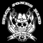 Jones Band logo: a skull with a cowboy hat, flames, roses, cards, an 8-ball, and a banner 'Ain't Too Old'.