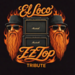 El Loco EZTop Tribute logo: two bearded men with hats and sunglasses flank a stack of Marshall amps, surrounded by flames and orange script.