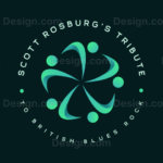 Logo: teal circular emblem with six curved ribbons and dots around the center, surrounded by the text 'SCOTT ROSBURG'S TRIBUTE TO BRITISH BLUES ROOTS' on a dark teal background.