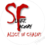 Circular white badge with large red 'SF' initials, black text reading 'Judge Factory,' and red 'Alice in Chains' at the bottom; curved 'Tribute' along the right edge.