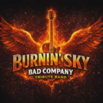 Poster for a Bad Company tribute band, featuring a guitar engulfed in flames with fiery wings and bold orange text.